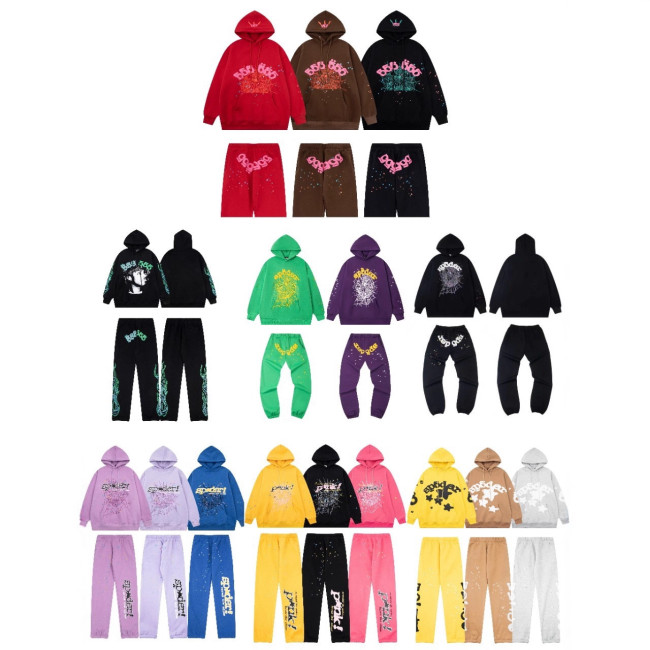Cross-border European and American trendy brand sp5 hip-hop singer spider web foam print unisex autumn and winter fleece-lined sweatshirt and pants