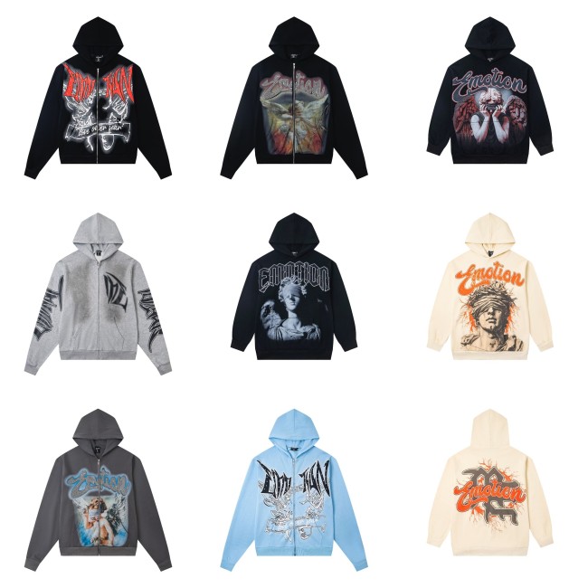 High-quality MIXED EMOTION trendy street hip-hop rhinestone white ink direct-print zipper hoodie for men and women