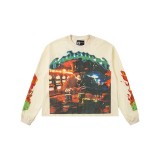 Correct version of skull faux two-piece American street retro high street mesh printed waffle T-shirt trendy cross-border sweatshirt