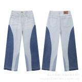 High-quality European and American new style Gallery washed micro-flared black and blue patchwork jeans for men and women, long pants and shorts