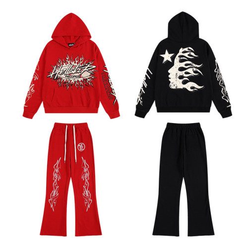 25ss American high street fashion brand HELL street heavy print terry sweatshirt casual sports hooded set for men and women