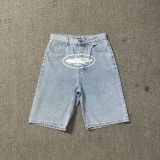 American streetwear brand Corteizz jeans with star embroidery, high street vintage distressed denim shorts, men's knee-length shorts