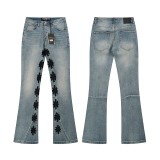 25sss American fashion LOSTSHDWS slim-fit jeans with embroidered logo, micro-flared stretch jeans, unisex style