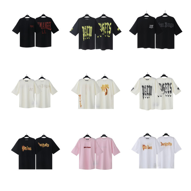 Foreign trade cross-border wholesale pa angel trendy brand coconut tree flame letter logo graffiti paint short-sleeve T-shirt for men and women