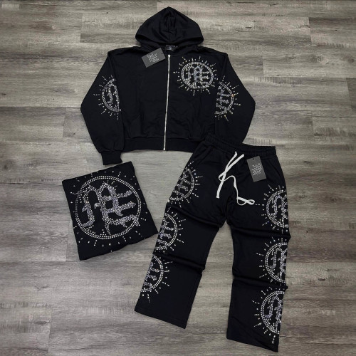 Cross-border foreign trade MIXED EMOTION American style trendy brand high street rhinestone loose hoodie sweatshirt unisex set