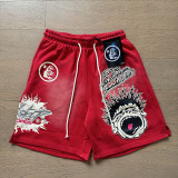 New summer style washed distressed casual shorts with flame print, trendy brand Hell Star men's knee-length shorts