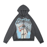 MIXED EMOTION trendy street hip-hop rhinestone white ink direct-print long-sleeve T-shirt zip-up hoodie unisex jacket