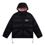 STU's new classic solid color versatile embroidered zip-up hooded short cotton jacket, unisex, street style, warm