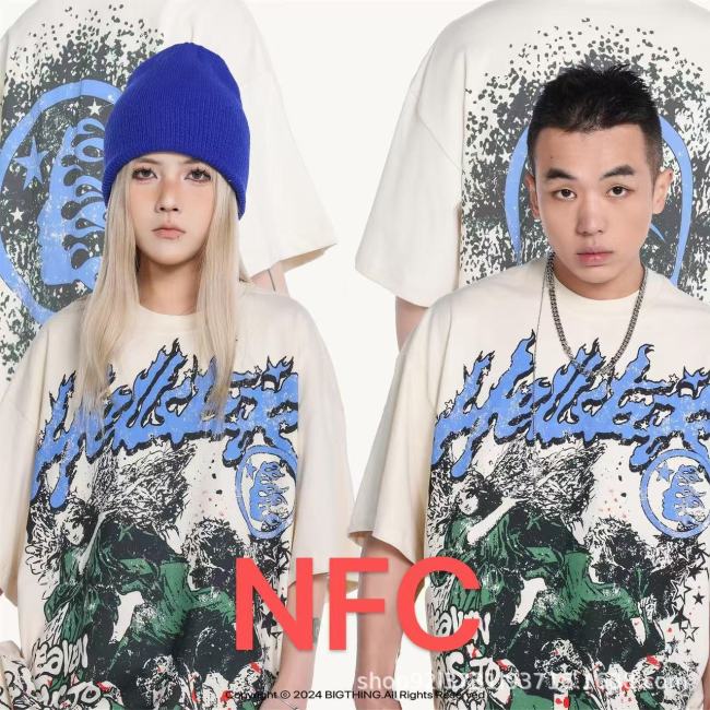 New cross-border HELL trendy high-quality vintage distressed T-shirt, loose fit printed short-sleeve T-shirt, unisex style for couples