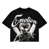 MIXED EMOTION High-Quality Fashionable High-Street Angel Rhinestone Vintage Loose-Fit Short-Sleeve Full-Print Unisex T-Shirt