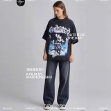 25ss Summer New Godspeed American Style Trendy Rock Street Hip-Hop Vintage Washed Printed Short Sleeve