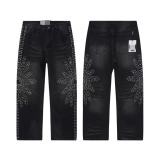 25ss European and American trendy brand VAL, latest fashion washed distressed vintage men's and women's jeans with full rhinestone embellishments and holes.