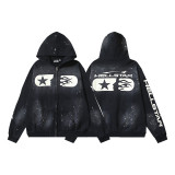 Hellstar European and American fashion brand high street vintage washed distressed printed street style loose hoodie for men and women
