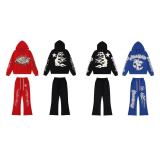 25ss American high street fashion brand HELL street heavy print terry sweatshirt casual sports hooded set for men and women