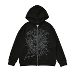 25ss high-quality Sp555der trendy high street style rhinestone embossed letter spider web hoodie for men and women