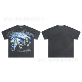 High-end American hip-hop couple's T-shirt, heavy-duty washed and distressed, West Coast rap short-sleeve, trendy basic style