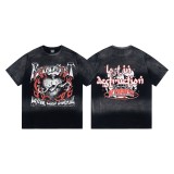 New Saint Vintage Washed Distressed Letter Print Dark American Style Loose Short Sleeve T-Shirt