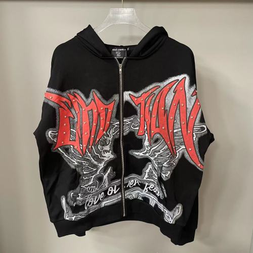 MIXED EMOTION trendy street hip-hop rhinestone white ink direct-print long-sleeve T-shirt zip-up hoodie unisex jacket