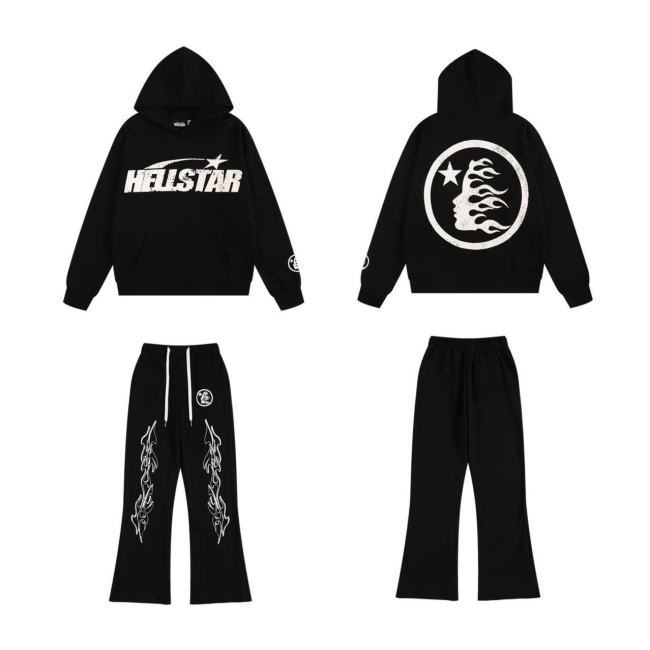 25ss American high street fashion brand HELL street heavy print terry sweatshirt casual sports hooded set for men and women