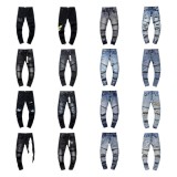 Cross-border European and American Purple Brand jeans, washed, distressed, vintage, ripped, with splatter paint, in a cool American style