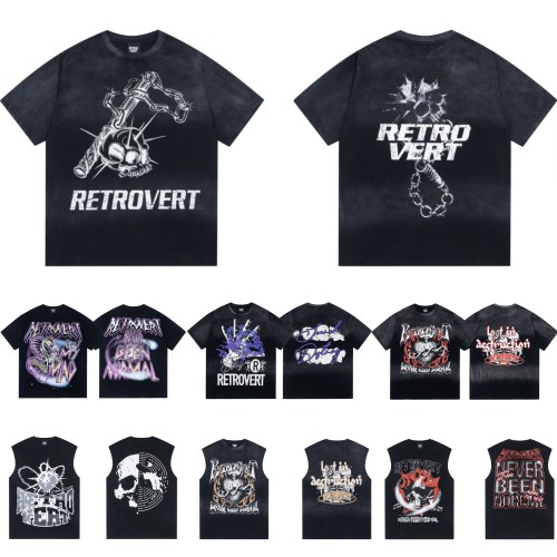 New Saint Vintage Washed Distressed Letter Print Dark American Style Loose Short Sleeve T-Shirt