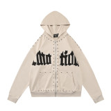 MIXED EMOTION trendy street hip-hop rhinestone white ink direct-print long-sleeve T-shirt zip-up hoodie unisex jacket