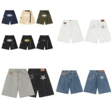 American streetwear brand Corteizz jeans with star embroidery, high street vintage distressed denim shorts, men's knee-length shorts