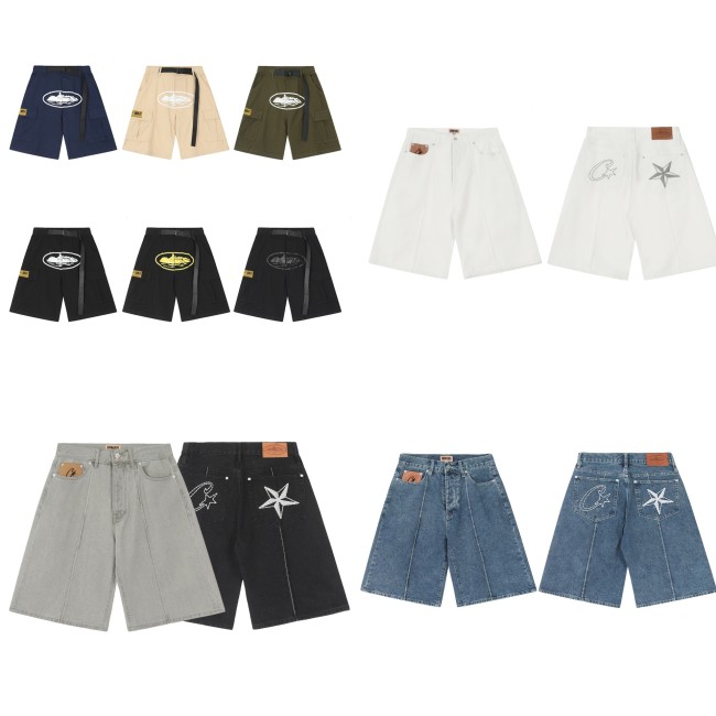 American streetwear brand Corteizz jeans with star embroidery, high street vintage distressed denim shorts, men's knee-length shorts