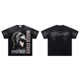 26ss cross-border foreign trade American-style trendy brand diamond-embellished short-sleeve washed distressed frayed raw edge white ink direct-print unisex T-shirt