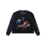 Correct version of skull faux two-piece American street retro high street mesh printed waffle T-shirt trendy cross-border sweatshirt