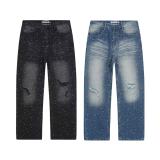 25ss European and American trendy brand VAL, latest fashion washed distressed vintage men's and women's jeans with full rhinestone embellishments and holes.