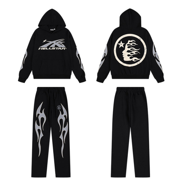 25ss American high street fashion brand HELL street heavy print terry sweatshirt casual sports hooded set for men and women