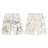 Summer New Arrival VAL American Trend High Street Vintage Streetwear Washed and Distressed Men's Denim Shorts with Full Rhinestone Embellishments