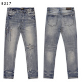 25ss cross-border European and American trendy brand amri bone embroidery patch leather washed jeans for men and women, high street ripped long pants