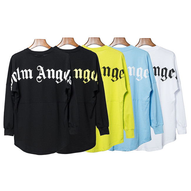 Wholesale authentic PA trendy brand long-sleeve T-shirt with palm tree design, large logo on the back, batwing sleeves, and oversized drop-shoulder top