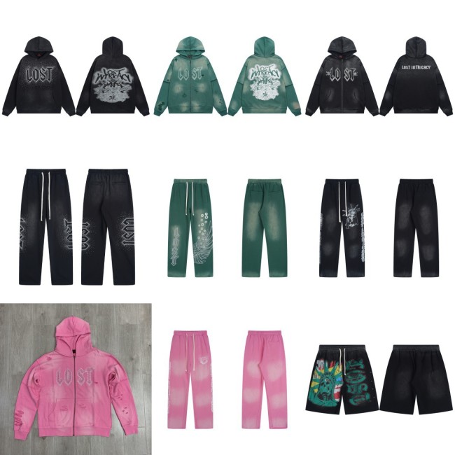 Los Angeles streetwear brand Lost Intricacy washed distressed sweatpants, rhinestone embellished zip-up hoodie set
