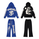 24ss American high street fashion brand HELL street heavy print terry sweatshirt casual sports hooded set for men and women