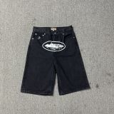 American streetwear brand Corteizz jeans with star embroidery, high street vintage distressed denim shorts, men's knee-length shorts