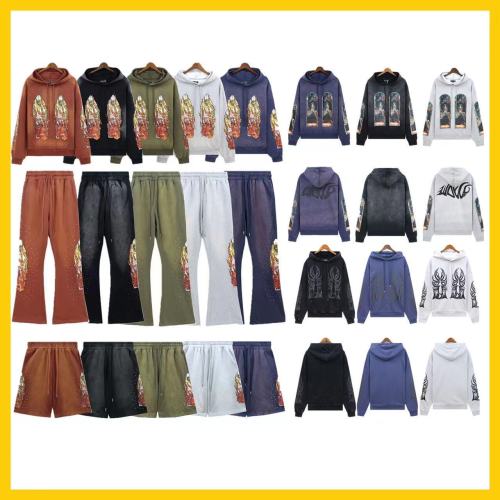 American high street fashion brand washed and distressed heavy-duty printed hoodie and shorts set for men and women couples