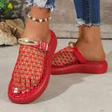 Foreign trade large size mesh hollow-out 26 new model thick-soled wedge heel metal buckle strap closed-toe stylish versatile high-heeled sandals