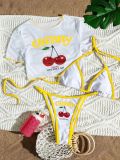 European and American foreign trade cross-border three-piece apron bikini set with cherry print and tie-up swimsuit for women