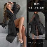 Mufei Cross-Border European and American Sexy Feather Heart-Shaped Mesh Sleeve Satin Nightgown Black and White Long Lace-Up Home Robe 811