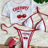 European and American foreign trade cross-border three-piece apron bikini set with cherry print and tie-up swimsuit for women