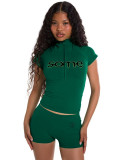 HR26018 European and American fashion women's letter print half-zip short-sleeve top and tight shorts two-piece set for women