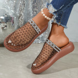 Foreign trade large size mesh hollow-out 26 new model thick-soled wedge heel metal buckle strap closed-toe stylish versatile high-heeled sandals