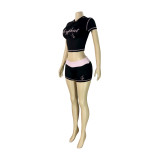 HR26015 European and American fashion women's letter-printed hooded crop top with contrasting color fold-over waistband and shorts set