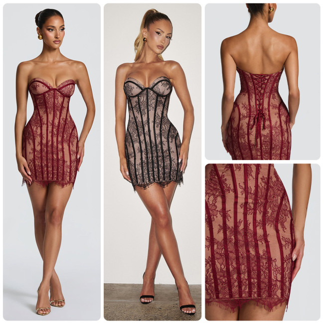 New European and American style lace tight-fitting tube dress with exquisite crochet details, slim-fit short skirt, high-waisted, slimming A-line dress