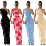 C7670 Cross-Border AliExpress European and American Fashion Women's Elegant Mesh One-Shoulder Bodycon Dress