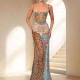 Cross-border summer European and American chiffon strapless sleeveless sexy printed color-blocked new dress