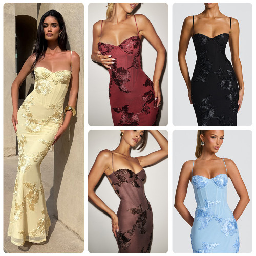 New European and American autumn style three-dimensional embroidered backless cross-strap long dress with exquisite floral embroidery for banquets
